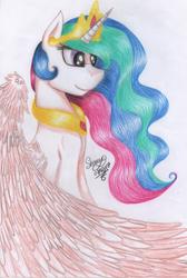 Size: 2268x3372 | Tagged: safe, artist:shamy-crist, princess celestia, alicorn, pony, g4, female, high res, mare, sitting, solo, traditional art, wings