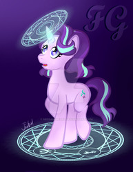 Size: 600x776 | Tagged: safe, artist:missanimegrl, starlight glimmer, pony, unicorn, g4, female, glyph, gradient background, hilarious in hindsight, magic, magic circle, solo, watermark