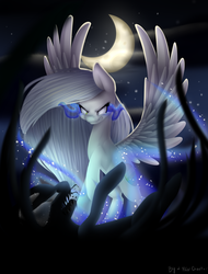 Size: 3200x4200 | Tagged: safe, artist:yeadatchantilly, oc, oc only, pegasus, pony, crescent moon, dark magic, female, high res, magic, mare, moon, solo, sombra eyes, spread wings, stars