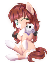 Size: 1024x1253 | Tagged: safe, artist:slasharu, oc, oc only, earth pony, pony, bow, crossover, cute, doll, female, hair bow, holding, hug, mare, one eye closed, sans (undertale), simple background, sitting, solo, toy, transparent background, undertale