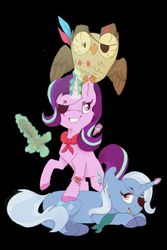 Size: 640x960 | Tagged: safe, artist:laps-sp, owlowiscious, starlight glimmer, trixie, pony, unicorn, g4, black background, cheek fluff, eyepatch, levitation, magic, pirate, prone, raised hoof, simple background, smiling, spread wings, stitches, telekinesis, tongue out, wooden sword