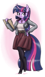 Size: 932x1600 | Tagged: safe, artist:king-kakapo, twilight sparkle, unicorn, anthro, unguligrade anthro, g4, arm hooves, belt, breasts, clipboard, clothes, cute, female, high heels, jewelry, mare, multiple variants, necklace, pantyhose, pen, shirt, shoes, skirt, smiling, solo