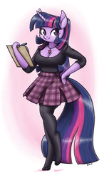 Size: 932x1600 | Tagged: safe, artist:king-kakapo, twilight sparkle, unicorn, anthro, unguligrade anthro, g4, arm hooves, breasts, cleavage, clipboard, clothes, cute, female, high heels, jewelry, looking at you, mare, multiple variants, necklace, pantyhose, pen, plaid, raised leg, shirt, shoes, skirt, smiling, solo, unshorn fetlocks