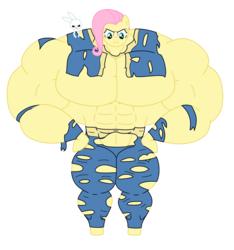 Size: 2250x2400 | Tagged: safe, artist:urkel, angel bunny, fluttershy, pony, rabbit, anthro, unguligrade anthro, g4, animal, arm hooves, clothes, fallout, fetish, flutterhulk, growth, high res, jumpsuit, muscle fetish, muscle growth, muscles, muscleshy, overdeveloped muscles, simple background, torn clothes, transparent background, vault suit, vector, wardrobe malfunction