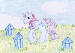 Size: 1024x725 | Tagged: safe, artist:normaleeinsane, sparkler (g1), g1, crystal, female, grass, solo, traditional art