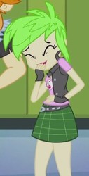 Size: 221x435 | Tagged: safe, screencap, cherry crash, valhallen, equestria girls, g4, my little pony equestria girls, clothes, cropped, ear piercing, earring, fingerless gloves, gloves, jewelry, lockers, male, piercing, snickering, solo