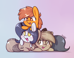 Size: 1771x1390 | Tagged: safe, artist:dsp2003, oc, oc only, oc:hattsy, oc:meadow stargazer, oc:stone, earth pony, pony, bipedal, blushing, chibi, cute, female, gradient background, hat, mare, open mouth, pony pile, prone, smiling, style emulation