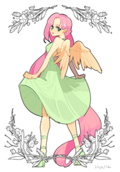 Size: 1032x1485 | Tagged: safe, artist:dusty-munji, fluttershy, equestria girls, g4, clothes, curtsey, dress, female, looking back, open-back dress, solo, sundress, winged humanization, wings