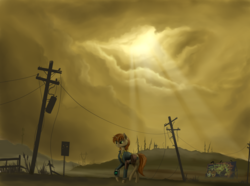 Size: 4500x3343 | Tagged: safe, artist:lightly-san, scootaloo, sweetie belle, oc, oc only, oc:littlepip, pony, unicorn, fallout equestria, billboard, clothes, cloud, cloudy, cutie mark, dead tree, fanfic, fanfic art, female, high res, hooves, horn, jumpsuit, mare, pipbuck, saddle bag, scenery, sky, solo, tree, vault suit, wasteland