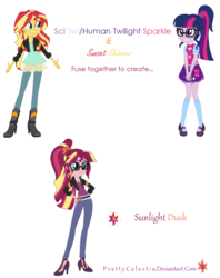 Size: 952x1202 | Tagged: safe, artist:prettycelestia, sci-twi, sunset shimmer, twilight sparkle, oc, oc:sunlight dusk, equestria girls, g4, boots, bowtie, clothes, fusion, fusion:sci-twi, fusion:scitwishimmer, fusion:sunset shimmer, fusion:sunsetsparkle, fusion:twilight sparkle, glasses, high heel boots, high heels, jacket, leather jacket, mary janes, necktie, ponytail, shoes, skirt, socks