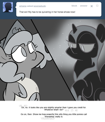 Size: 666x776 | Tagged: safe, artist:egophiliac, nightmare moon, princess luna, moonstuck, g4, ask, cartographer's cap, dark woona, filly, grayscale, hat, lunar stone, monochrome, nightmare woon, tumblr, woona, younger