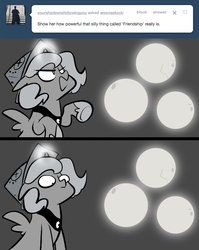 Size: 666x836 | Tagged: safe, artist:egophiliac, princess luna, moonstuck, g4, ask, cartographer's cap, female, filly, grayscale, hat, lunar stone, magic, monochrome, solo, tumblr, woona, woonoggles, younger