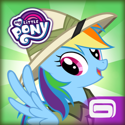 Size: 1024x1024 | Tagged: safe, gameloft, rainbow dash, pegasus, pony, g4, my little pony: magic princess, official, app icon, clothes, cosplay, costume, cute, dashabetes, female, gameloft logo, hat, mare, my little pony logo, open mouth, pith helmet, rainbow dash always dresses in style, shirt, solo