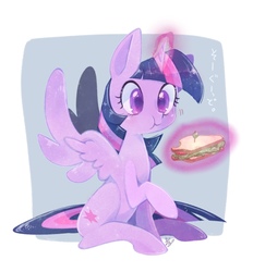 Size: 1001x1080 | Tagged: safe, artist:sibashen, twilight sparkle, alicorn, pony, g4, cute, eating, female, food, glowing horn, horn, magic, nom, raised hoof, sandwich, simple background, sitting, solo, twiabetes, twilight sparkle (alicorn)