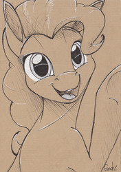 Size: 1735x2467 | Tagged: safe, artist:fanch1, pinkie pie, earth pony, pony, g4, bust, female, inked, looking at you, mare, open mouth, portrait, raised hoof, sketch, smiling, solo, traditional art, underhoof