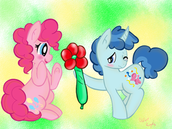 Size: 1200x900 | Tagged: safe, artist:pinkiepiegasm, party favor, pinkie pie, g4, balloon, female, flower, male, one eye closed, ship:partypie, shipping, sitting, straight