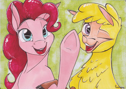 Size: 2461x1756 | Tagged: safe, artist:fanch1, paprika (tfh), pinkie pie, alpaca, earth pony, pony, them's fightin' herds, g4, abstract background, alcohol markers, cloven hooves, community related, crossover, female, markers, one eye closed, open mouth, raised hoof, smiling, traditional art, wink