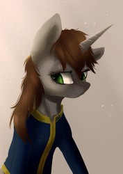 Size: 904x1280 | Tagged: dead source, safe, artist:vincher, oc, oc only, oc:littlepip, pony, unicorn, fallout equestria, clothes, fanfic, fanfic art, female, gradient background, horn, jumpsuit, mare, messy mane, solo, vault suit