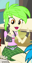 Size: 198x388 | Tagged: safe, screencap, cherry crash, thunderbass, valhallen, equestria girls, g4, my little pony equestria girls, background human, clothes, cropped, ear piercing, earring, fingerless gloves, gloves, jewelry, piercing, solo focus