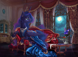 Size: 5411x3989 | Tagged: safe, artist:devinian, princess celestia, princess luna, tiberius, alicorn, pony, g4, absurd resolution, alcohol, apple, balcony, beautiful, book, cewestia, clothes, cloud, couch, cute, drapes, dress, ear piercing, female, filly, flower, food, fruit, glass, grapes, horn, horn ring, hug, jewelry, lidded eyes, looking back, luxury, majestic, mare, moon, night, picture, piercing, pink-mane celestia, prone, puzzle worthy, scenery, scenery porn, sitting, smiling, solo focus, sternocleidomastoid, table, technically advanced, teddy bear, vase, wall of tags, window, wine, wine glass, woona, younger