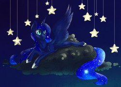 Size: 1280x922 | Tagged: dead source, safe, artist:vincher, princess luna, alicorn, pony, g4, cloud, ethereal mane, ethereal tail, female, lying down, lying on a cloud, mare, on a cloud, prone, solo, spread wings, stars, tail