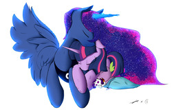 Size: 2400x1538 | Tagged: safe, artist:road75, artist:xaski21, princess luna, rarity, spike, twilight sparkle, alicorn, dragon, pony, g4, baby, baby dragon, blanket, collaboration, cuddling, cute, eyes closed, female, floppy ears, fluffy, glowing horn, horn, lesbian, lunabetes, magic, male, mare, mother and son, neck nuzzle, nuzzling, on side, open mouth, plushie, prone, ship:twiluna, shipping, simple background, sleeping, smiling, snoring, snuggling, spikabetes, spikelove, spread wings, twiabetes, white background, wing fluff