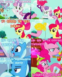 Size: 768x960 | Tagged: safe, apple bloom, pinkie pie, sweetie belle, trixie, pony, unicorn, g4, comic, female, mare, screencap comic, spanish, translated in the comments