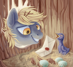 Size: 3398x3138 | Tagged: safe, artist:netoey, derpy hooves, bird, pegasus, pony, g4, crash, egg, female, grin, head through wall, high res, letter, nest, smiling, solo
