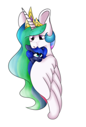 Size: 1024x1519 | Tagged: safe, artist:fantisai, artist:milliedot7, princess celestia, princess luna, alicorn, pony, g4, big ears, collaboration, crown, duo, female, floppy ears, hug, jewelry, mare, regalia, royal sisters, simple background, smiling, white background, winghug