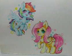 Size: 1024x793 | Tagged: safe, artist:snow angel, fluttershy, rainbow dash, g4, blushing, flying, raised hoof, traditional art