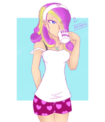 Size: 2484x2893 | Tagged: safe, artist:deeemperor, princess cadance, human, g4, boxer briefs, bra strap, clothes, coffee mug, female, hairband, high res, humanized, jewelry, mug, necklace, shorts, solo, tank top