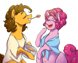 Size: 1200x970 | Tagged: safe, artist:yuyusunshine, cheese sandwich, pinkie pie, g4, alternate hairstyle, clothes, female, food, herbivore, laughing, male, mouth hold, oatmeal, oats, preggy pie, pregnant, ship:cheesepie, shipping, shirt, spoon, straight