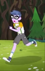Size: 303x480 | Tagged: safe, screencap, microchips, equestria girls, g4, my little pony equestria girls: legend of everfree, camp everfree, clothes, converse, glasses, male, running, shoes, shorts, sneakers, socks, solo