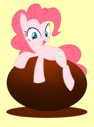 Size: 7397x9921 | Tagged: safe, artist:lemonspark, pinkie pie, earth pony, pony, g4, absurd resolution, chocolate egg, cute, diapinkes, female, looking back, mare, open mouth, prone, simple background, smiling, solo, yellow background