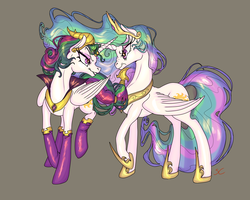 Size: 2500x2000 | Tagged: safe, artist:sourcherry, idw, princess celestia, alicorn, pony, g4, reflections, spoiler:comic, angry, clothes, evil celestia, evil counterpart, evil grin, grin, high res, mirror universe, scowl, self paradox, smiling