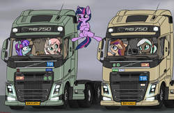 Size: 3253x2121 | Tagged: safe, artist:orang111, twilight sparkle, oc, oc:camion, oc:crawler gear, oc:fiji, oc:lynn, alicorn, leafeon, pony, g4, bipedal, bobblehead, detailed, driving, epic split, high res, jean-claude van damme, pokémon, semi truck, simple background, splits, truck, twilight sparkle (alicorn), volvo, volvo fh