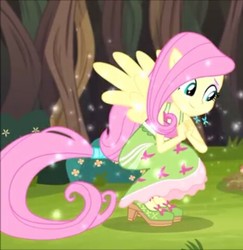 Size: 466x480 | Tagged: safe, screencap, fluttershy, equestria girls, g4, my little pony equestria girls: legend of everfree, bare shoulders, camp everfree outfits, camp fashion show outfit, clothes, cute, female, high heels, kneeling, ponied up, pony ears, ponytail, shoes, skirt, sleeveless, smiling, solo, tail, wings