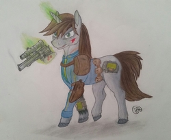 Size: 2474x2021 | Tagged: safe, artist:blastradiuss, oc, oc only, oc:littlepip, pony, unicorn, fallout equestria, blood, clothes, fallout, fanfic, fanfic art, female, glowing horn, gun, handgun, high res, horn, jumpsuit, little macintosh, magic, mare, pipbuck, revolver, simple background, solo, telekinesis, traditional art, vault suit, weapon