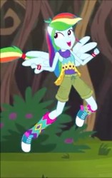 Size: 302x480 | Tagged: safe, screencap, rainbow dash, equestria girls, g4, my little pony equestria girls: legend of everfree, camp everfree outfits, camp fashion show outfit, clothes, converse, female, leg warmers, looking up, ponied up, pony ears, shoes, shorts, sneakers, solo, tail, wings