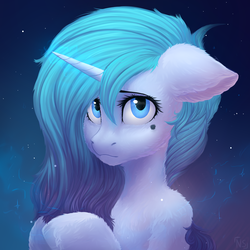 Size: 2000x2000 | Tagged: safe, artist:nightskrill, oc, oc only, oc:sydney, pony, unicorn, beautiful, beauty mark, blue eyes, bust, commission, female, floppy ears, fluffy, high res, looking at you, looking up, mare, night, portrait, solo