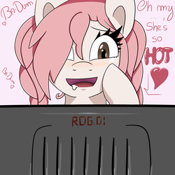 Size: 1280x1280 | Tagged: safe, artist:askmiwako, artist:saralien, oc, oc only, oc:miwako, pony, blushing, dialogue, drool, female, heart, lesbian, mare, open mouth, questionable source, solo