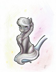 Size: 2403x3047 | Tagged: safe, artist:lupiarts, silver spoon, earth pony, pony, g4, abstract background, braid, chest fluff, ear fluff, female, filly, glasses, high res, horse spooning meme, jewelry, meme, micro, necklace, pearl necklace, sitting, solo, spoon, tiny ponies, traditional art