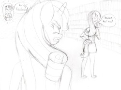 Size: 3225x2411 | Tagged: safe, artist:happyb0y95, fluttershy, rarity, twilight sparkle, anthro, g4, the return of harmony, angry, clothes, female, grayscale, high res, mare, monochrome, traditional art
