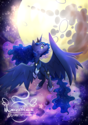 Size: 846x1200 | Tagged: safe, artist:midnightpremiere, princess luna, alicorn, pony, g4, crown, female, flying, full moon, jewelry, large wings, lidded eyes, looking back, mare in the moon, moon, regalia, smiling, solo, wings