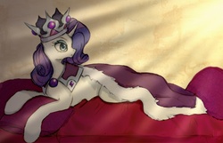 Size: 1164x748 | Tagged: safe, artist:dumddeer, princess platinum, rarity, pony, unicorn, g4, crepuscular rays, crown, curved horn, female, horn, jewelry, mantle, profile, prone, regalia, solo, turned head