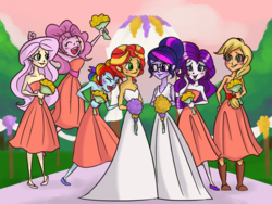 Size: 1280x960 | Tagged: safe, artist:rarijack-countrycouture, applejack, fluttershy, pinkie pie, rainbow dash, rarity, sci-twi, sunset shimmer, twilight sparkle, series:sciset diary, equestria girls, g4, blushing, clothes, dress, female, humane five, humane seven, humane six, lesbian, looking at each other, marriage, ship:sci-twishimmer, ship:sunsetsparkle, shipping, wedding, wedding dress