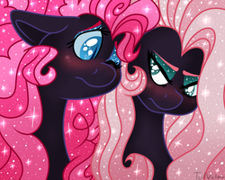 Size: 2500x2000 | Tagged: safe, artist:tulipvictoria, fluttershy, pinkie pie, pony, g4, blushing, high res, nightmare fluttershy, nightmare pinkie, nightmarified