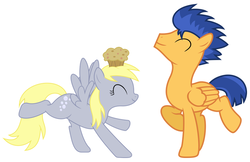 Size: 931x605 | Tagged: safe, artist:darknisfan1995, artist:mckinnley, edit, derpy hooves, flash sentry, pegasus, pony, g4, best friends, cute, dancing, derpabetes, diasentres, duo, eyes closed, female, food, male, mare, muffin, simple background, stallion, vector, white background