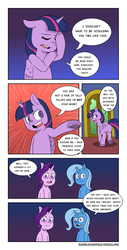 Size: 2434x4796 | Tagged: safe, artist:raph13th, starlight glimmer, trixie, twilight sparkle, alicorn, pony, unicorn, comic:glim glam and pals, g4, comic, dialogue, eyes closed, facehoof, floppy ears, frown, high res, open mouth, pointing, raised leg, tumblr, twilight sparkle (alicorn), underhoof