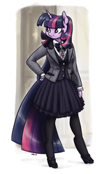 Size: 934x1600 | Tagged: safe, artist:king-kakapo, twilight sparkle, anthro, unguligrade anthro, g4, arm hooves, clothes, cloven hooves, dress, female, gothic lolita, hand on hip, high heels, jacket, lace, lolita fashion, mary janes, pantyhose, pleated skirt, shoes, skirt, solo, standing, stockings, thigh highs, waistcoat